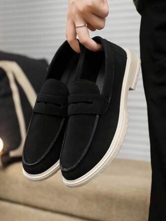 Svarta herrloafers, slip-on casualskor, låga skor i retro brittisk stil, bekväma slip-on med tjock sula