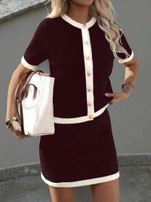 优雅撞色针织开衫套装，时尚秋冬两季必备，百搭两件套，休闲时尚风格，女装系列，适合圣诞节、感恩节和新年等场合。 - 棗紅 - 查看 5