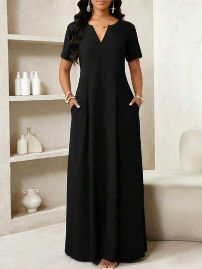 大码优雅黑色长连衣裙，短袖V领带口袋，舒适修身，适合日常穿着