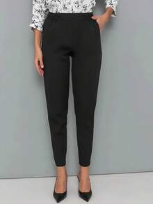 Women's Non-Stretch Polyester Straight Leg Pants With Pockets, Suitable For Spring, Summer, Autumn Daily Wear - Black - View 3