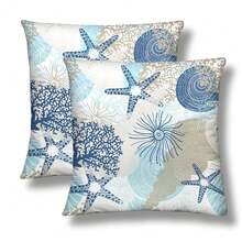 Nautical Coastal Throw Pillow Covers 18x18 Set Of 2 Beach Ocean Themed Short Pl 11ush Pillows Case Starfish Seashell Square Cushion Cover Decorative Pillowcases For Couch Bed,18inchx18inch(Packof2),BlueWhite - 藍白 - 查看 1