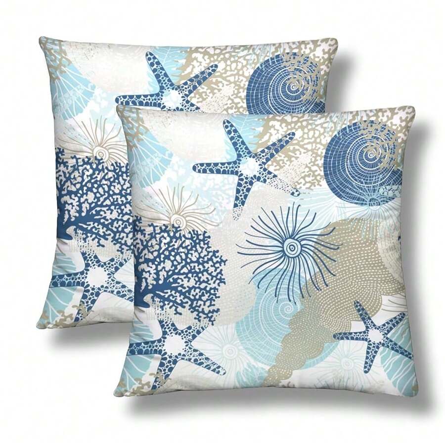 Nautical Coastal Throw Pillow Covers 18x18 Set Of 2 Beach Ocean Themed Short Pl 11ush Pillows Case Starfish Seashell Square Cushion Cover Decorative Pillowcases For Couch Bed,18inchx18inch(Packof2),BlueWhite - 藍白 - 查看 1
