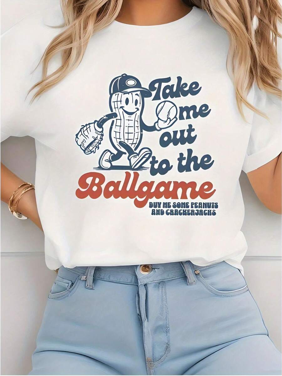 1 camiseta con estampado digital divertido Cacahuete, béisbol, guante, gorra 180g, serie clásica, camiseta de manga corta para mujer, 100% algodón, cuello redondo retro casual - Blanco - Ver 1
