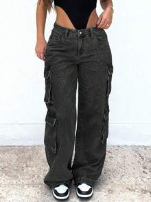 Women's Y2K Streetwear Multi-Pocket Straight Leg Cargo Jeans With Flap Pockets - Black - View 3