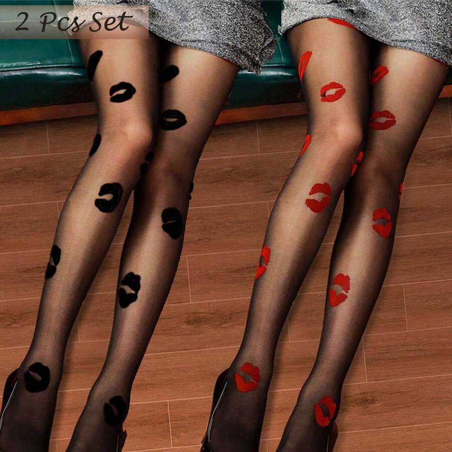 女士性感嘴唇印花紧身裤，性感内衣 - 高腰轻薄透气弹力打底裤，饰有红色嘴唇图案，黑红嘴唇纹样，舒适百搭，适合休闲和正式场合，是情人节礼物、夜店装、锐舞派对、约会的理想之选。 - 彩色 - 查看 1