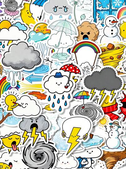 56PCS Cute Weather Cartoon Stickers, Creative Cloud Rainbow Snowman Decals For Teens, Waterproof Vinyl Stickers For Water Bottles Laptops Phone Cases Journals, Fun Weather Themed Decor For School DIY Crafts And Gifts