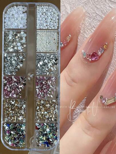 12 compartimentos de diferentes tamaños de Rhinestones 3D para uñas - Gemas acrílicas vibrantes, adecuadas para decoración de arte de uñas DIY, disponibles en varios colores (rosa, azul, verde, rojo, morado) - Perfectas para crear diseños de uñas impresionantes, joyería de uñas, suministros para uñas