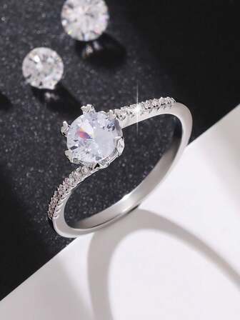 1 szt. Elegancki klasyczny pierścionek damski z 6 zębami i okrągłym cyrkoniowym kamieniem, odpowiedni na ślub, zaręczyny, rocznicę, walentynki i prezenty świąteczne, modny pierścionek jubilerski