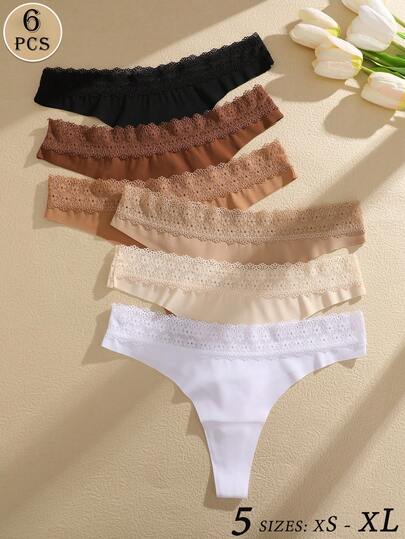 6pcs/Pack Women's Multi-Color Casual Lace Patchwork Low Waist Thong Panty, Suitable For Valentine's Day, Daily Sports, All Seasons