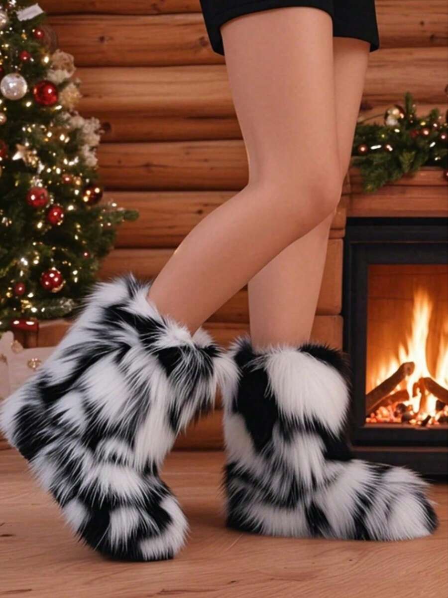 Women's Artificial Fur Boots, Plush Round-Toe Suede Winter Comfortable Plush Warm Short Flat Shoes, Suitable For Indoor And Outdoor Wear, Mid-Calf Boots, Fashionable Women's Boots, Personalized Women's Shoes.Ankle Boots - Đen và trắng - Xem 1