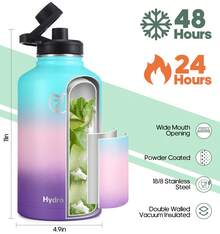 64oz Insulated Water Bottles With 2 Leak Proof Lids(Spout Lid And Straw Lid), Wide Mouth Sport Bottle With Straw, Stainless Steel Powder-Coated Water Flask, Double Walled Vacuum - Green, Pink and Purple - View 2