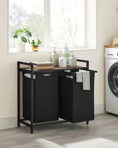 Dirty Laundry Basket, 2 Compartments, Bin, With 2 Removable Oxford Cloth Bags, Metal Frame, 2 X 46 Litres, 73 X 33 X 72 Cm, Rustic Brown And Black
