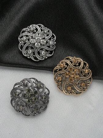 4颗复古镂空花朵水钻装饰金属大纽扣，时尚DIY装饰纽扣，适用于毛衣、外套、夹克、衬衫、西装、围巾、鞋子、帽子