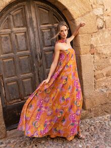 Faeriesty 这款印花雪纺长裙，采用鲜艳的花卉印花，飘逸的A字廓形，是夏季海滩派对、花园婚礼和波西米亚风户外活动的完美之选。春季派对必备 - 橘色 - 查看 3