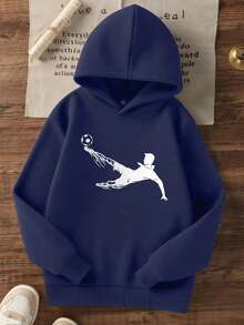 1pc Tween Boy Casual Printed Pullover Sweatshirt, Thermal Lined, Long Sleeve, Autumn/Winter - Navy Blue - View 2