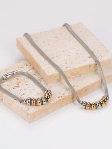 2pcs Minimalist Stainless Steel Beaded Necklace & Bracelet Jewelry Set, Couples Accessories For Daily Wear - Multicolor - View 2