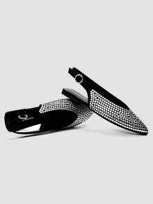 ADAMUMU New Women's High-End Pointed Toe Thin Strap Sandals, Heavily Embellished Glossy Slip-On Shoes, Versatile For Daily, Date, Party, Holiday - Black - View 4