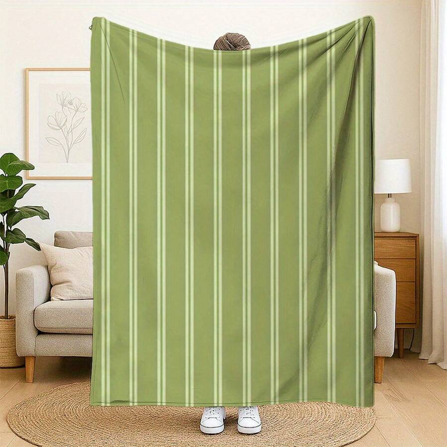 1pc Modern Mint Green & Striped Flannel Blanket - Soft Warm All-Season Lightweight Breathable Durable Throw For Sofa, Bed, Office, Camping, Travel - Machine Washable Contemporary Home Decor Gift - As Shown - View 1