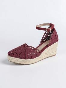 Women's Linen Rope Platform Lace Slip-On Hollow Out Round Toe Casual Sandals, Breathable Chunky High Heel Woven Fisherman Sandals - Burgundy - View 7