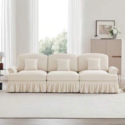Elegant Mid-Century 3-Sitzer Sofa Aus Chenille Mit Trichter-Armlehnen, Abnehmbarer Rüschenschürze & Spindelförmigen Beinen – Comfortable Sofa Fürs Wohnzimmer,Weiß