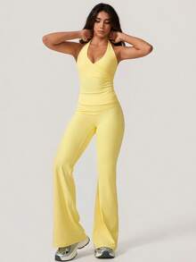 NcmRyu 1 Set Women's Sexy Halter Deep V-Neck Backless Shaping Flared Sports Suit - Yellow - View 10