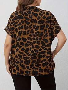 Plus Size Women Leopard Print Button Front Short Sleeve Shirt - Black - View 4