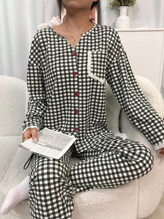 2pcs Women Pajama Set, Cardigan Sleepwear, Long Sleeve Plaid Print Top With Pocket, Plaid Print Pants, Comfortable & Fashionable, Suitable For Spring/Autumn Casual Wear