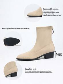 Bottines à talons épais à bout pointu mode femme, couleur unie sexy - Nude - Voir 4