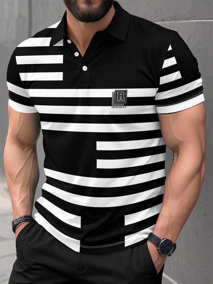 男士休闲字母条纹印花短袖Polo衫 - 彩色 - 查看 2