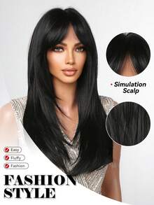 女士长直黑发刘海分层假发，透气舒适，自然逼真，适合派对使用 - 24 英寸 - 黑色 - 查看 7