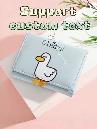 1pc Customizable Text/Name Cute Duck Design Girl Card Holder Trifold Coin Purse, Suitable For Friends, Children Gifts