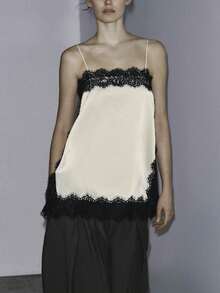 Women Y2k Lace Camisole Top Satin Square Neck Side Split Cami Silk Sleeveless Spaghetti Strap Loose Going Out Tank Backless Nightgown Sleepwear Sliky Short Wedding Nightgown,Party Streetwear,Rave Outfit,Club Outfits,Beach Vacation Outfits,Spring Break Outfits,Valentines Clothes,St Pattys Day Outfit,Easter Outfit - 黑與白 - 查看 7