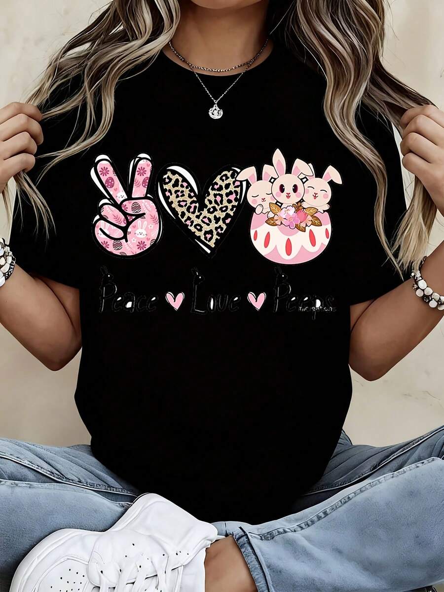 Peace Love Black Graphic T-Shirt With Cute Bunny Design And Leopard Print Heart Women Casual Summer Top Soft Cotton Crewneck Shirt For Girls Fashion Statement Tee Comfortable Everyday Wear Plus Size Available - Black - View 1