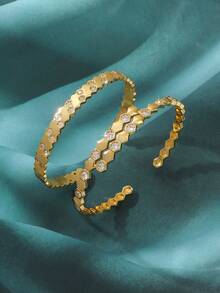 Bộ 3 vòng tay thép không gỉ trang trí đá Cubic Zirconia thanh lịch, trang sức thời trang có thể xếp chồng lên nhau, thích hợp cho phụ nữ dự tiệc, đeo hàng ngày, làm quà tặng ngày lễ - Bộ 2 món vàng - Xem 8