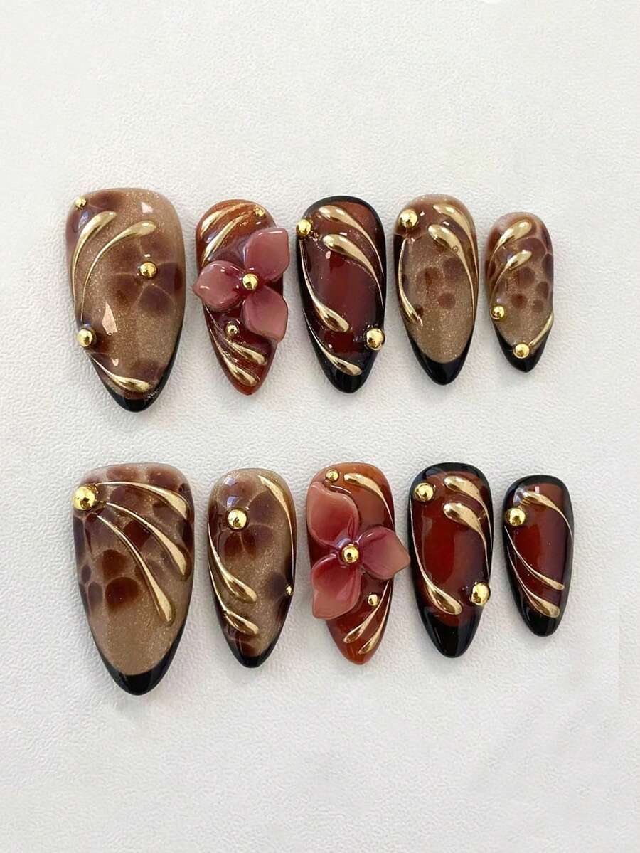 10片金属质感金箔美甲贴纸，杏仁棕色豹纹法式3D雕刻红棕色花朵，Y2K手工佩戴，简约百搭，适合日常佩戴，按压式美甲贴纸，假指甲，美甲用品，手工按压式美甲 - 彩色 - 查看 1