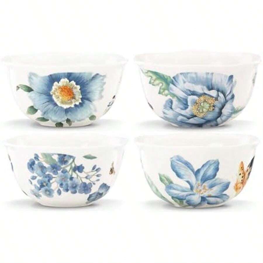 Lenox - Plato llano, diseño de mariposas, color azul, Thermal Mug, Blanco, 10 onzas (295.73ml), 1(Cuencos de postre (4 unidades)) - Multicolor - Ver 1