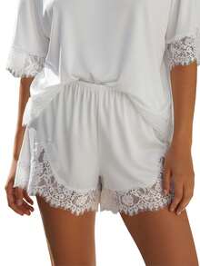 Boho Women's Lace Trim Satin Silk Shorts Shiny Elastic Waist Mini Shorts Pettipants Half Slip Shorts French Knickers Boyshorts For Dresses Full Coverage Underwear Lounge Pants - 純白色 - 查看 7
