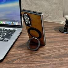 1 pezzo Compatibile con Samsung Z Fold7 Fold6 Custodia per telefono in pelle PU vintage - Forte adsorzione magnetica, Supporto rotante a 360°, Compatibile con ricarica senza fili, Copertura antiurto per tutto il corpo - Castano - Visualizzare 3