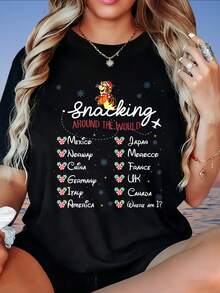 Snacking Around The World T-Shirt With Countries And Mickey Mouse Design For Women Casual Summer TopDisney Fun Prints, Suitable For Christmas Parties, Holiday Gatherings, Outdoor Activities, Sports, Holiday Gifts, Women's T-Shirts, 220g - 黑色 - 查看 2