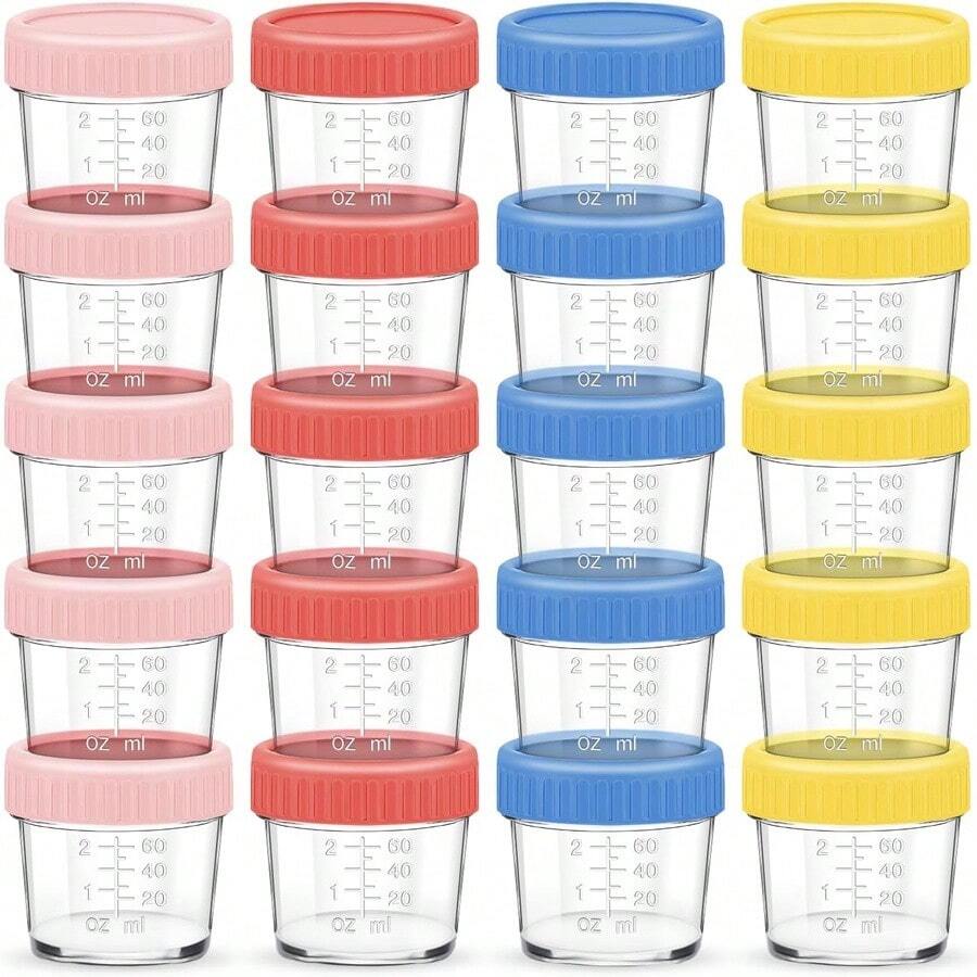 Juego de 12 Recipientes de Alimentos,120 ML Recipientes para Papillas de bebe con Tapas y Marcador,Reutilizable y Resistente Tarros de Vidrio para Frigorífico,Microondas y Lavavajillas - Rosa azul amarillo rojo - Ver 1