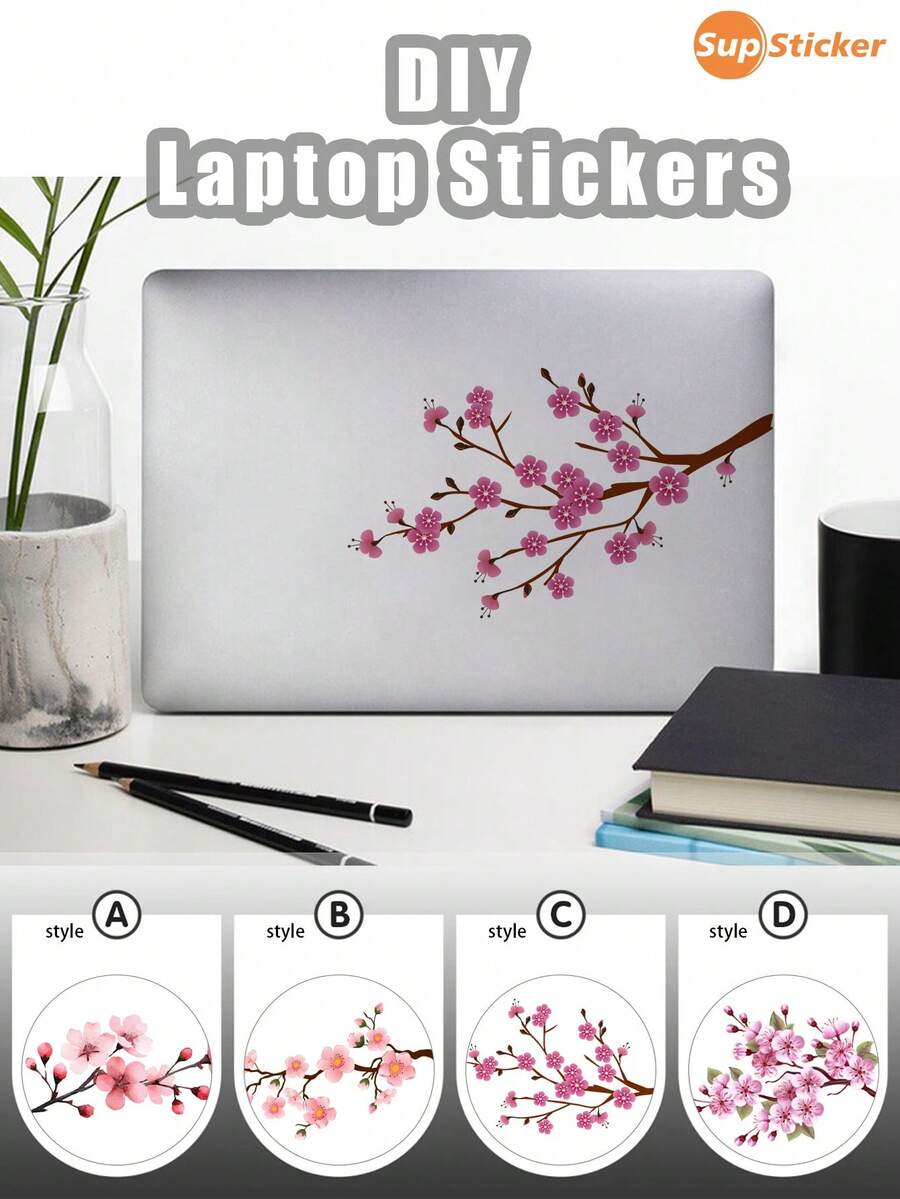 1pc Laptop Sticker With Fresh Sakura Branch Design, Partial Laptop Sticker, Self-Adhesive, Easy To Apply And Remove, Durable, Suitable For Daily Office Use, Laptop Beautification, Decoration, And Personalization