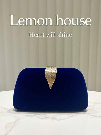 1个海军蓝优雅复古丝绒金属叶扣手拿包，正式场合手提包，适合晚宴、婚礼、正式活动