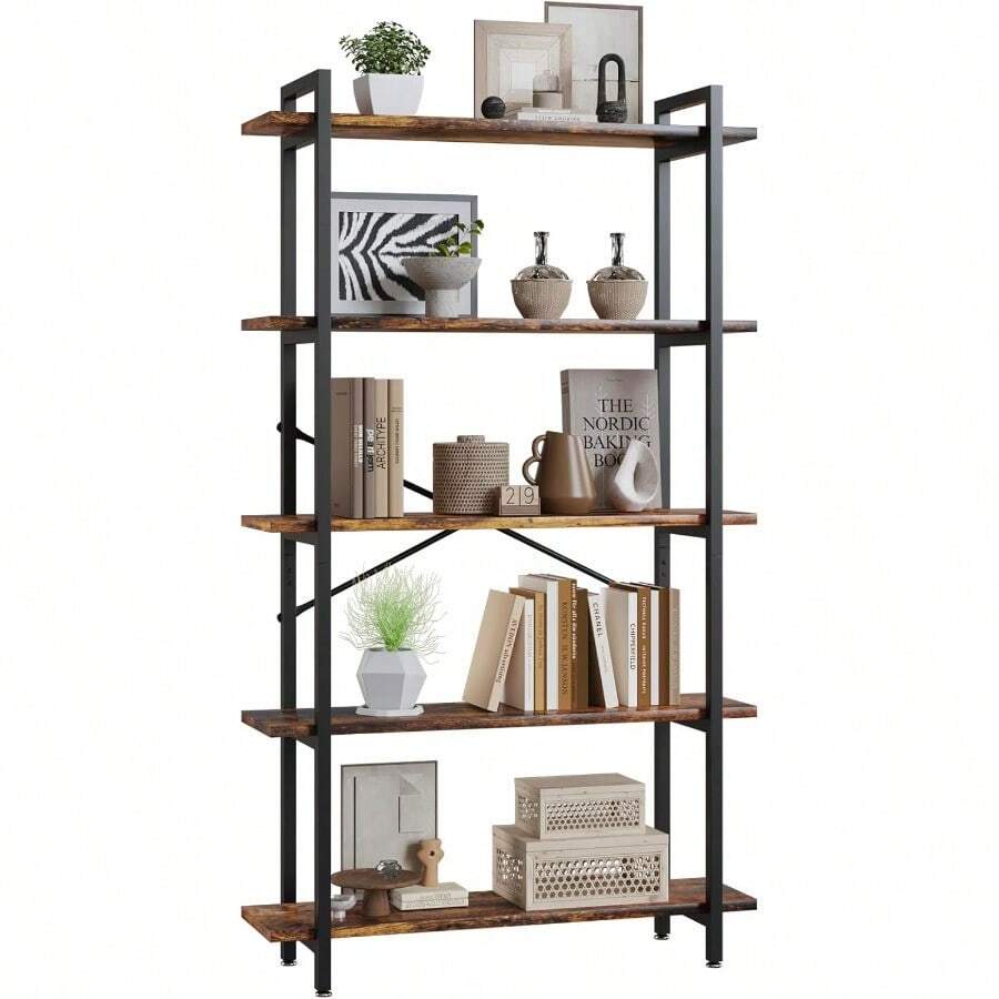 5 Tier Bookshelf Large Bookcase With 2 X-Shape Frame Adjustable Legpads 100X175CM Display Shelf For Office Living Room Kitchen Rustic Brown - RusticBrown - View 1
