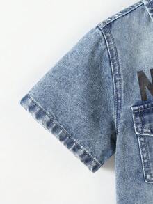 2 Stück/Set Modischer Streetwear Lässig Komfort Jeans Stil Englisch Muster Kragen Schneeflocke Jeans Kurzarm Top und personalisierte Lässig Jeans Shorts Set für Kleine Jungen - Helle Waschung - Übersicht 5