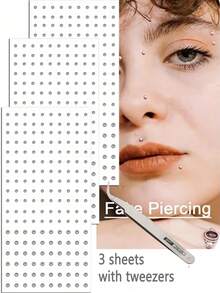 3 Sheets Fake Piercings, Fake Nose Ring, Fake Eyebrow, Lip Ring, Labret Studs & More - Adhesive Face Jewelry,Comes With A Bonus Pair Of Tweezers