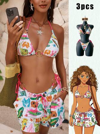 3件套女士全印花挂脖系带比基尼套装（含裙子）