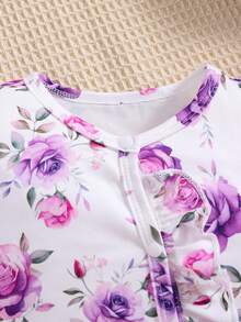3pcs Newborn Baby Girls' Casual Floral Print & Solid Color Button Long Sleeve Romper, Suitable For Toddlers Daily Wear - Purple - View 3