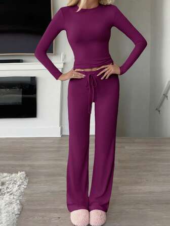 女士两件套秋季女装 Y2K 运动休闲家居纯色修身长袖 T 恤和长裤套装