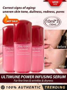 Tinh chất dưỡng da Shiseido [Mini] Ultimune Power Infusing 10ml*3/30ml / Làm chậm chu kỳ lão hóa da dẫn đến lão hóa da như nếp nhăn và vết chân chim, bắt đầu từ tình trạng khô da / Giúp cải thiện rõ rệt các dấu hiệu lão hóa bao gồm tông màu da không đều, xỉn màu, mẩn đỏ, lỗ chân lông, thô ráp, nếp nhăn, vết chân chim, nếp nhăn, nếp nhăn khi cười, độ săn chắc và độ đàn hồi / Thúc đẩy vẻ ngoài trẻ trung, tươi mới bằng cách thẩm thấu vào lớp ngoài cùng của da - Mới - 10ml*3/30ml - Xem 1