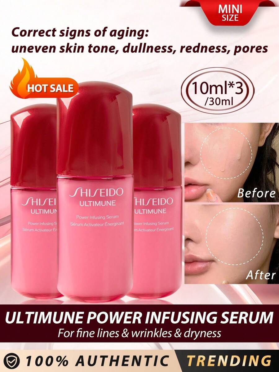 Tinh chất dưỡng da Shiseido [Mini] Ultimune Power Infusing 10ml*3/30ml / Làm chậm chu kỳ lão hóa da dẫn đến lão hóa da như nếp nhăn và vết chân chim, bắt đầu từ tình trạng khô da / Giúp cải thiện rõ rệt các dấu hiệu lão hóa bao gồm tông màu da không đều, xỉn màu, mẩn đỏ, lỗ chân lông, thô ráp, nếp nhăn, vết chân chim, nếp nhăn, nếp nhăn khi cười, độ săn chắc và độ đàn hồi / Thúc đẩy vẻ ngoài trẻ trung, tươi mới bằng cách thẩm thấu vào lớp ngoài cùng của da - Mới - 10ml*3/30ml - Xem 1